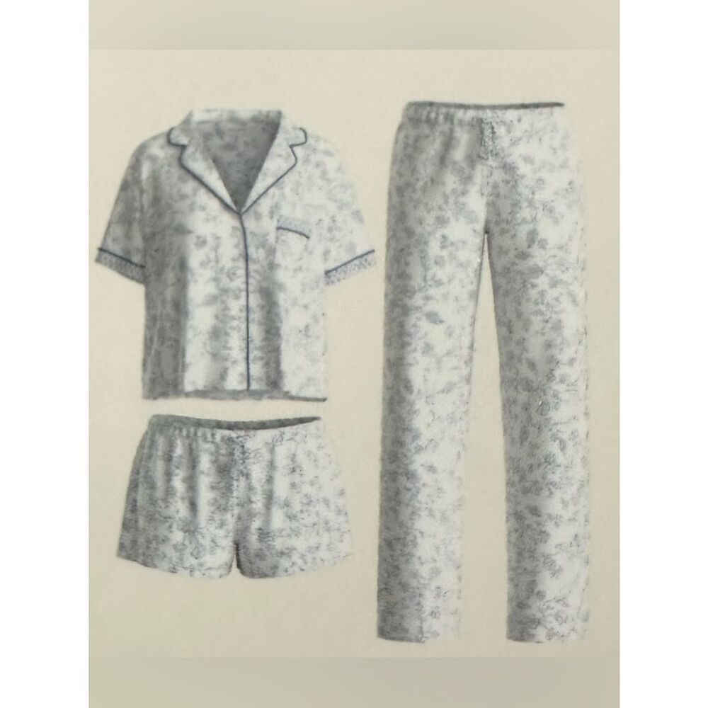 LA L White Blue Floral Bird Notch Collar Comfortable Tee Short & Pant 3 pc PJ